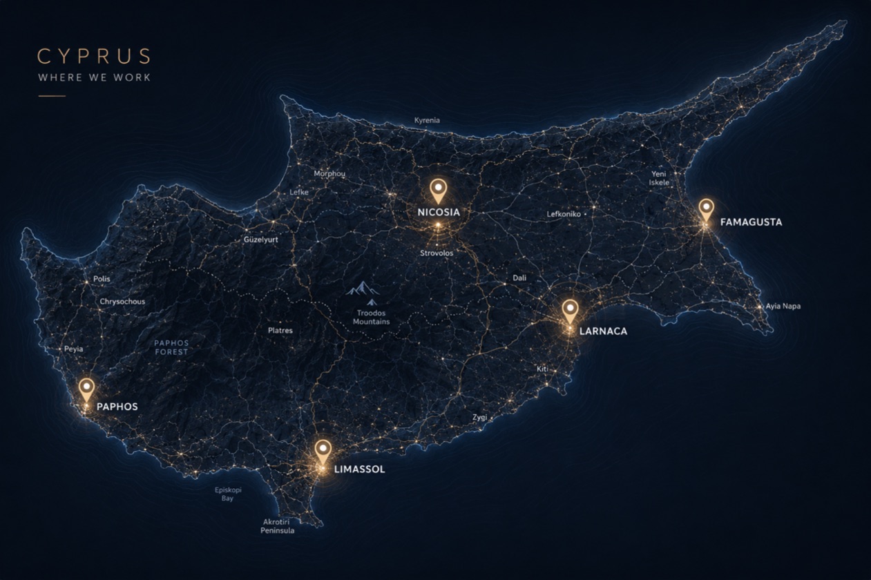 Map of Cyprus showing our coverage: Limassol head office, Nicosia, Larnaca, Paphos, Famagusta area and villages island-wide
